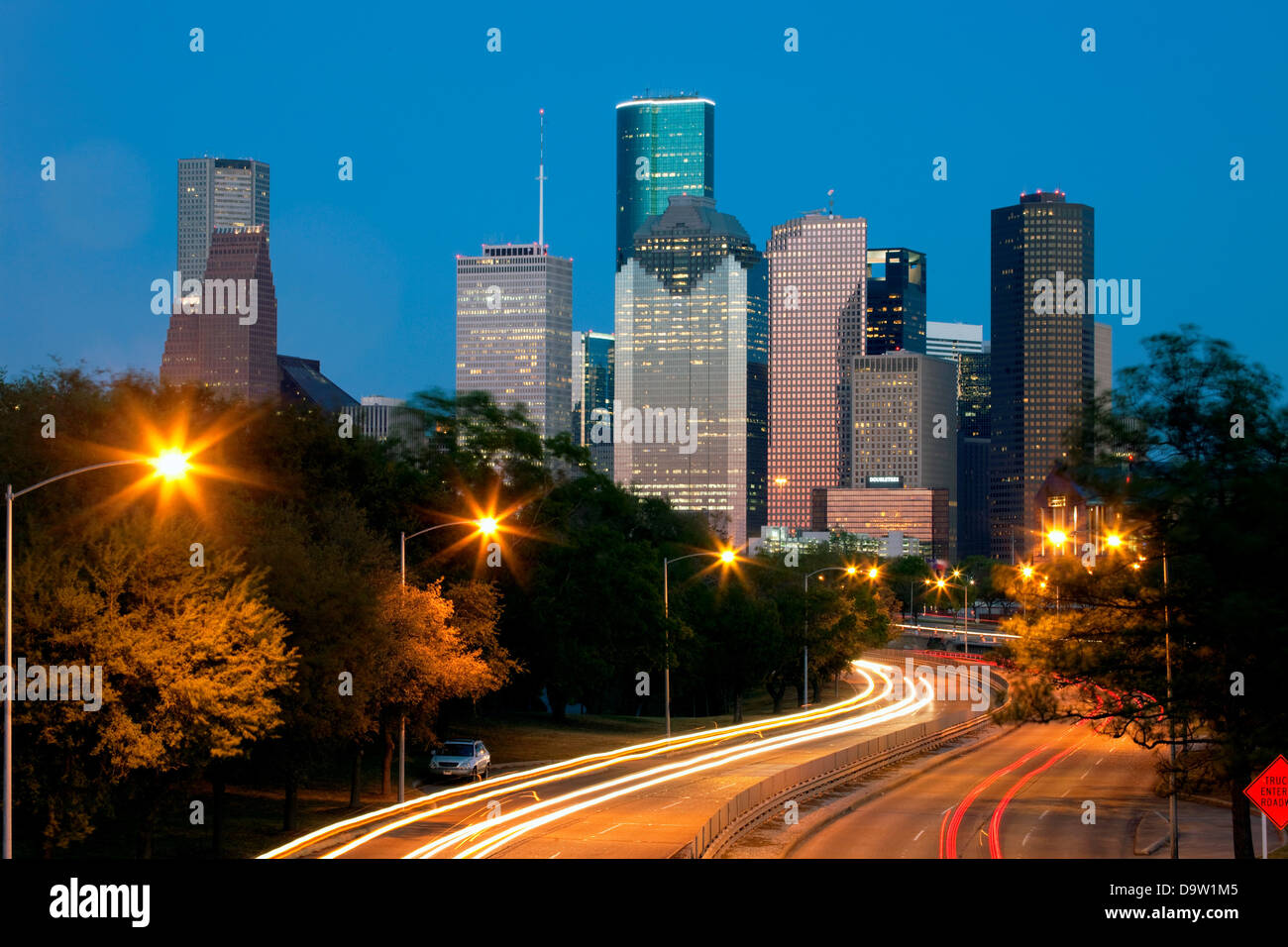 Houston Skyline from Memorial Drive along the Buffalo Bayou at dusk