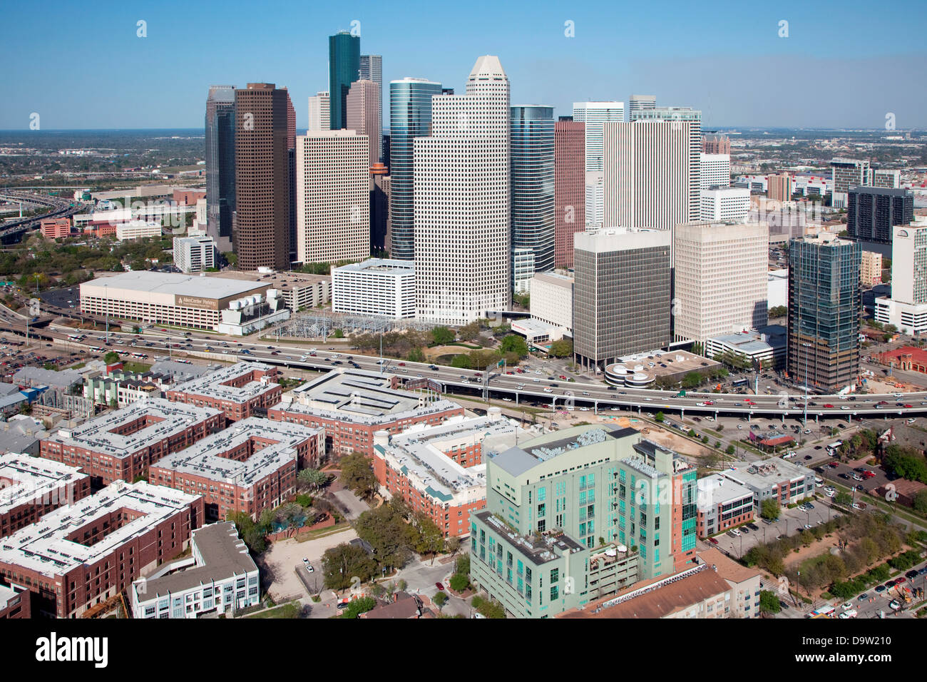 Aerial of parts of Midtown with the Downtown Houston Skyline Stock