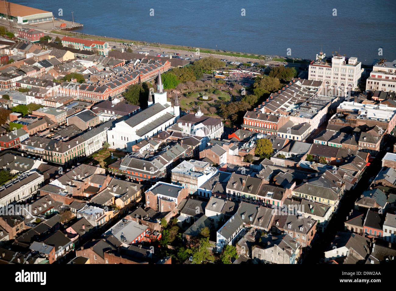 Aerial View of the St. Louis Cathedral and Jackson Square, New Orleans, Louisiana Stock Photo