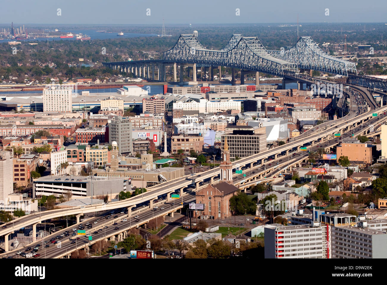 Aerial of Downtown New Orleans, Louisiana with the Crescent City Stock