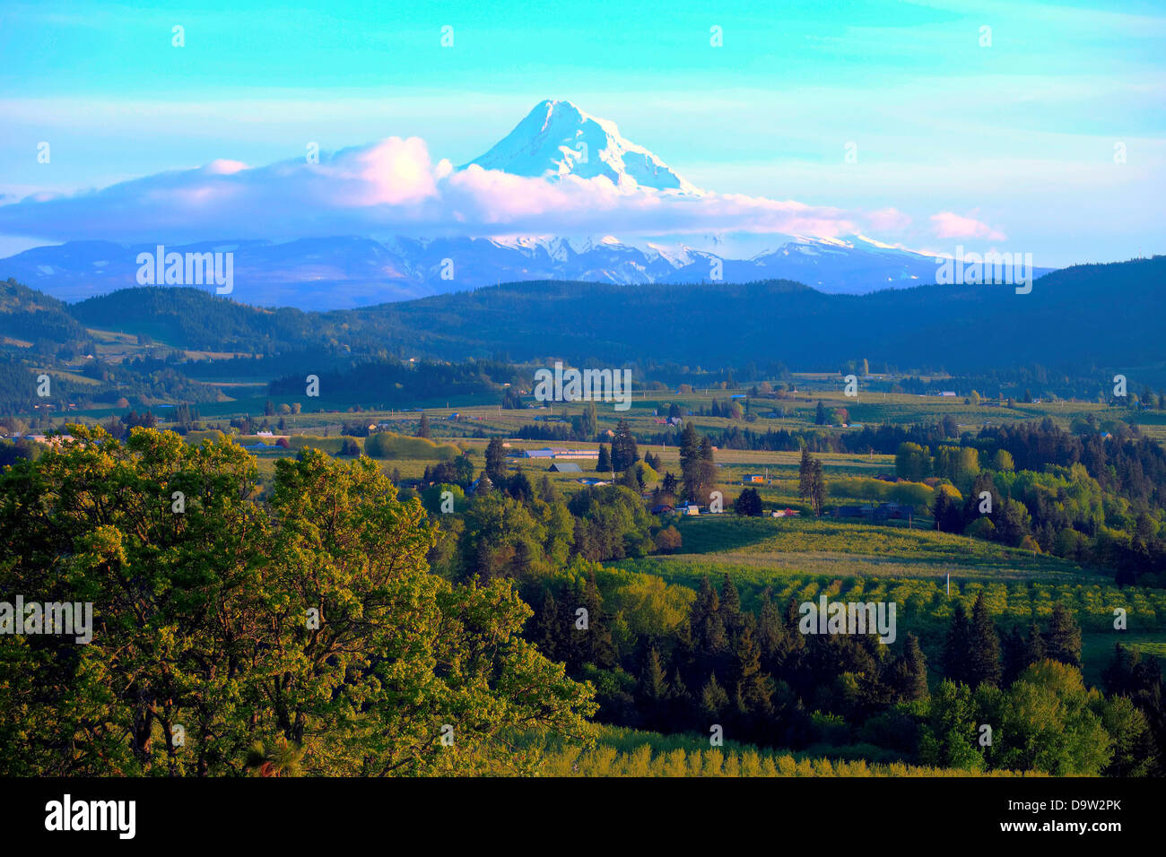 Mt. Hood and Hood River valley at sunset Oregon Stock Photo