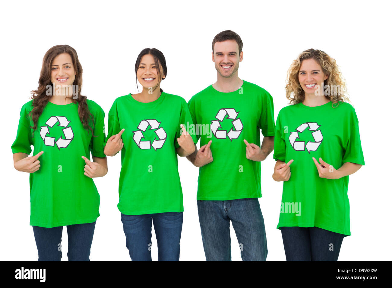 Group of environmental activists pointing their tshirt Stock Photo