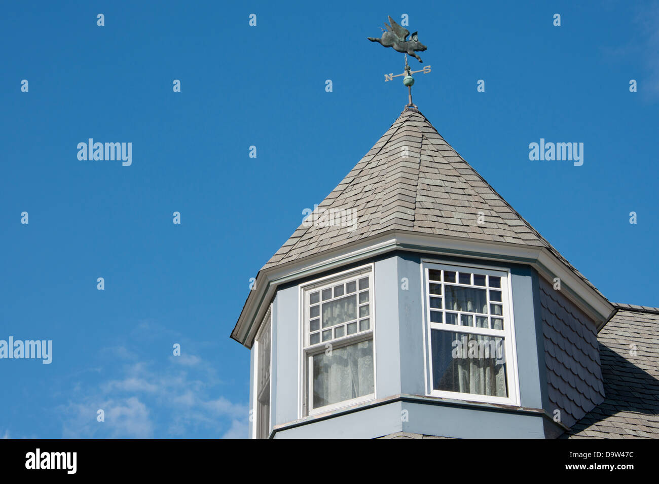 Michigan, Mackinac Island. "When Pigs Fly" rooftop weathervane. Stock Photo