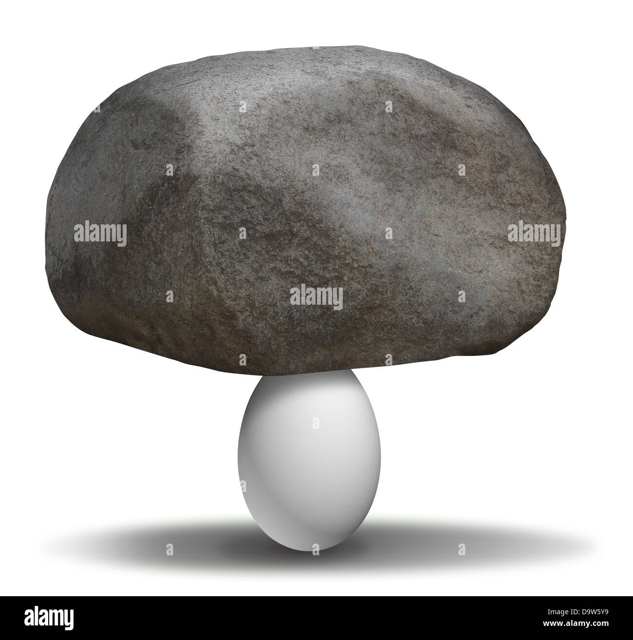 Extraordinary strength with a heavy rock boulder on top of a fragile white egg as a concept of possibilities and belief in ability to achieve what is impossible to possible. Stock Photo