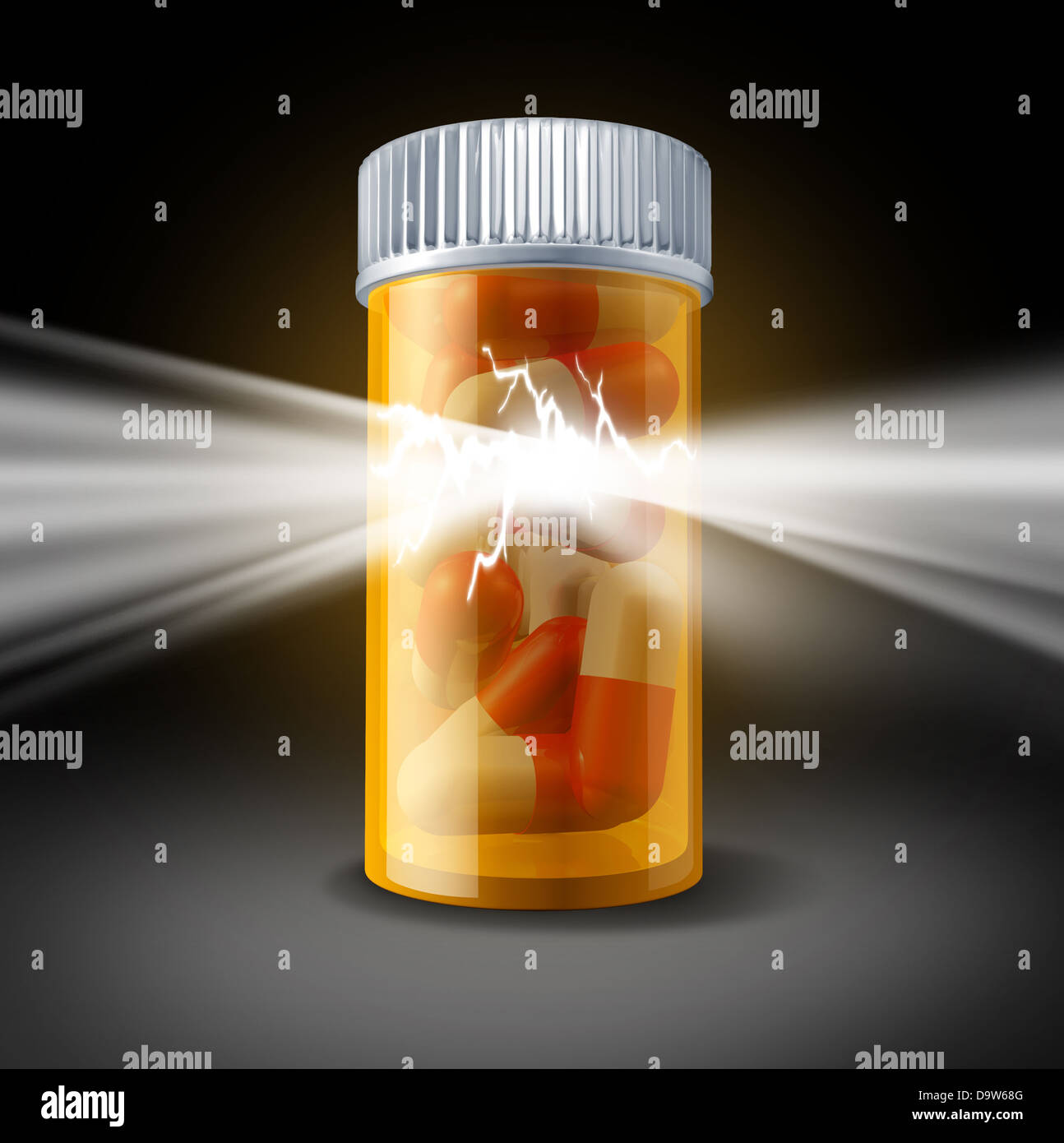 Power of Medicine success and a medication cure health care concept with pharmaceutical research in biotechnology as prescription pill bottle bursting with shinning light as a miracle drug. Stock Photo