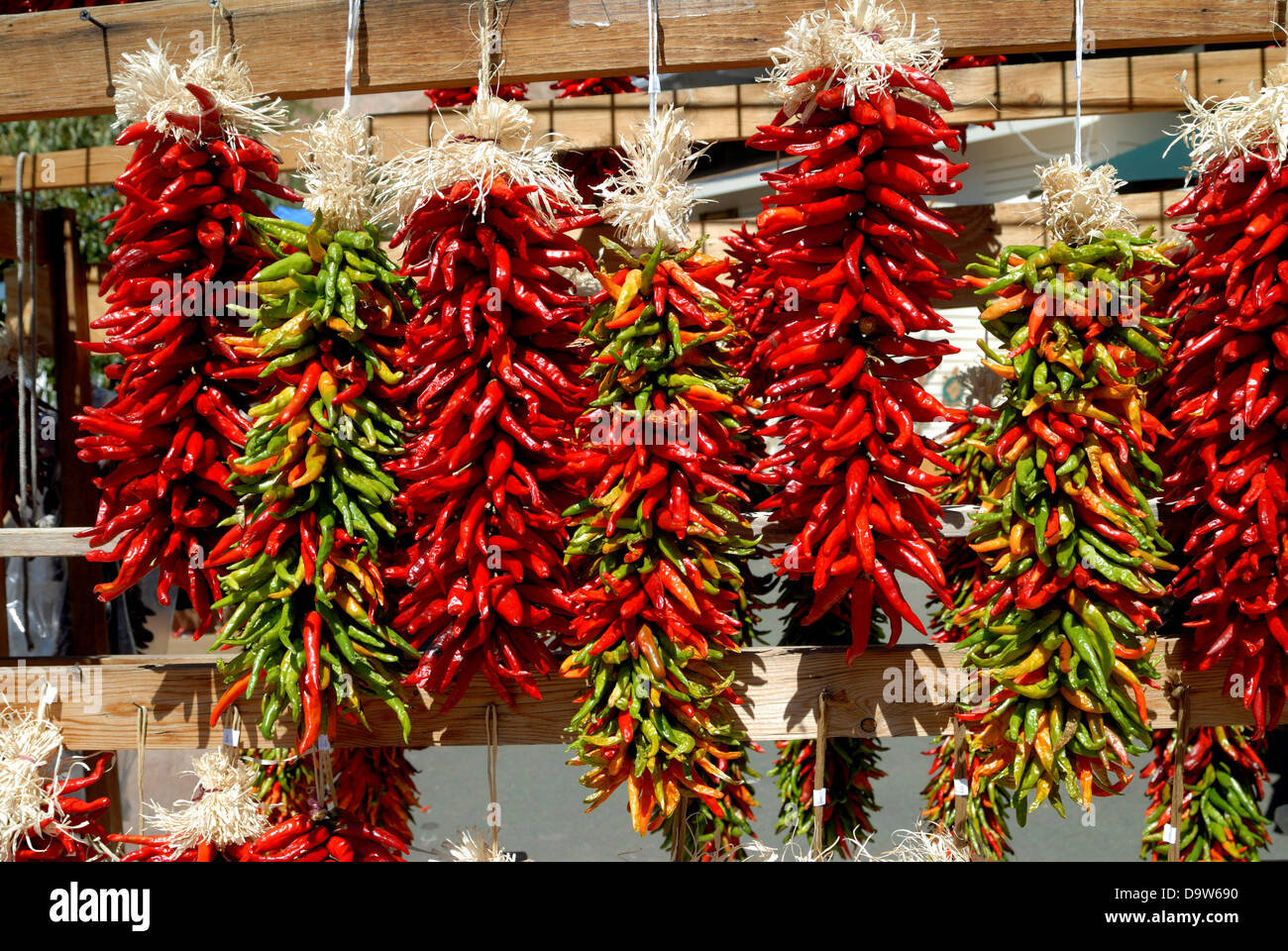 Red chili peppers hanging in a shop, Santa Fe, New Mexico, USA Stock