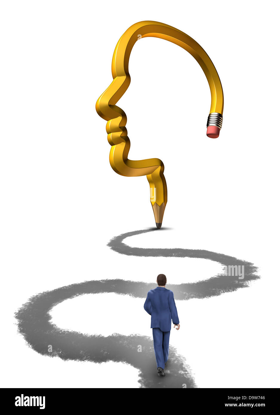 Planning your future with a strategic career plan as a businessman walking on a path drawn by a pencil shaped as a human head on a white background. Stock Photo