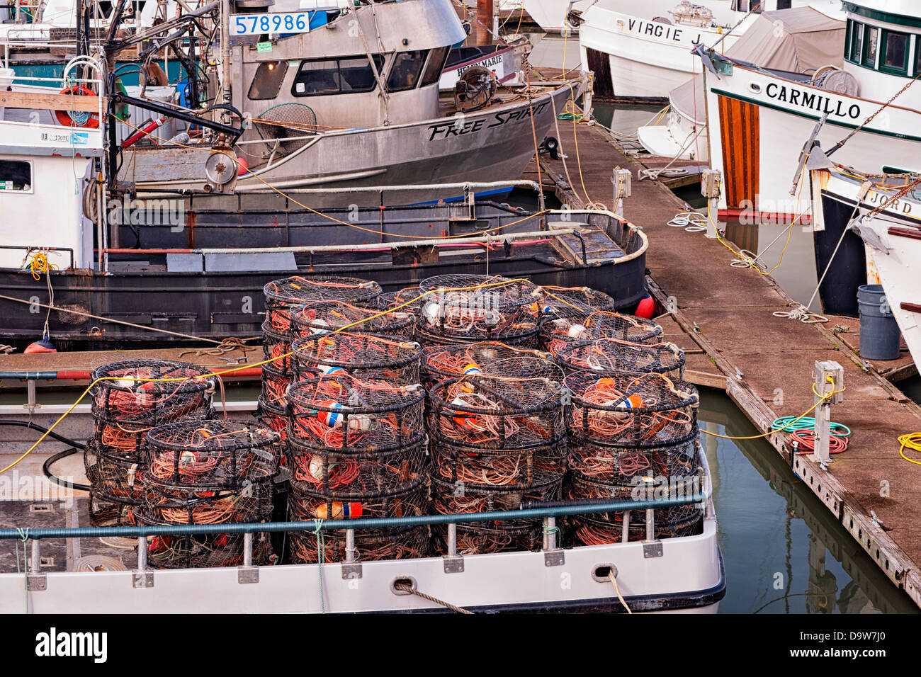 Fishing boats docked at Port of Brookings Harbor on Oregon's south coast in Curry County. Stock Photo