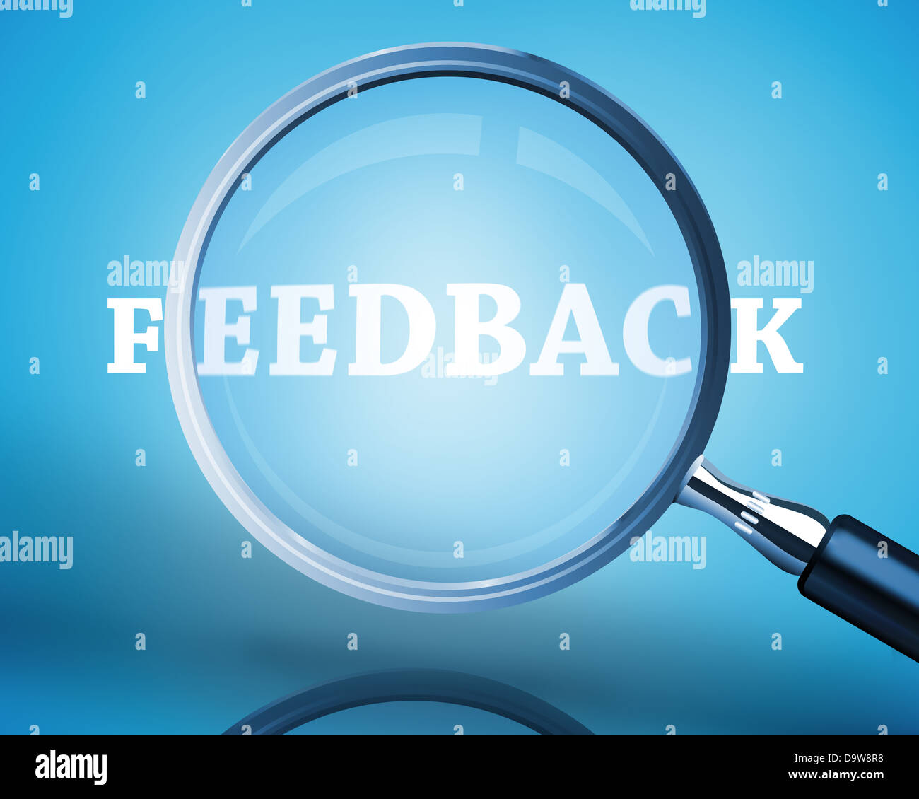 Magnifying glass showing feedback word in white Stock Photo