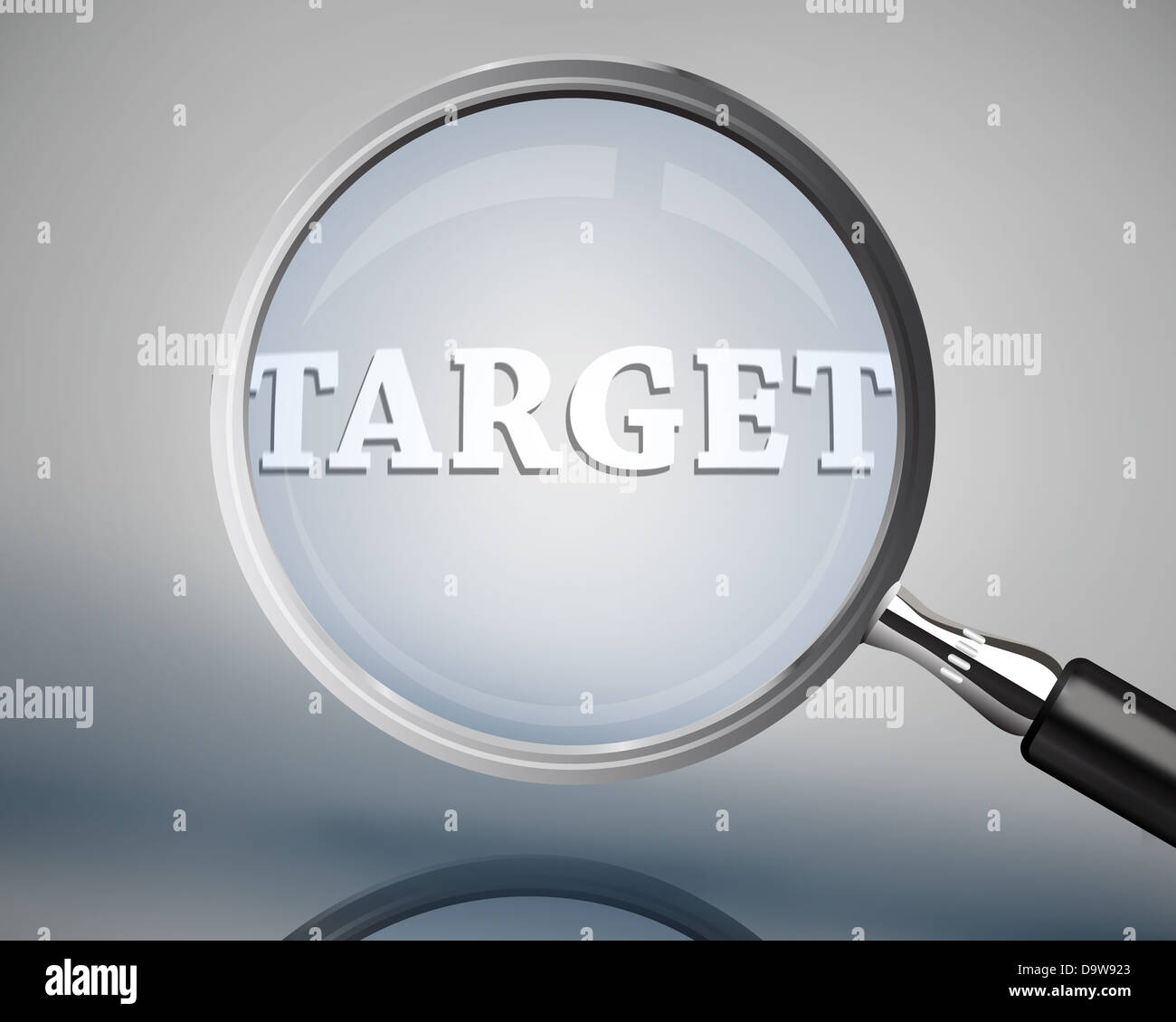 Magnifying glass showing target word in white Stock Photo