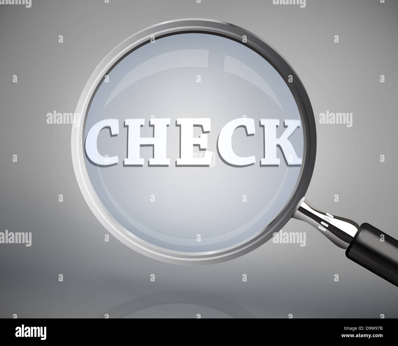 Magnifying glass showing check word in white Stock Photo - Alamy