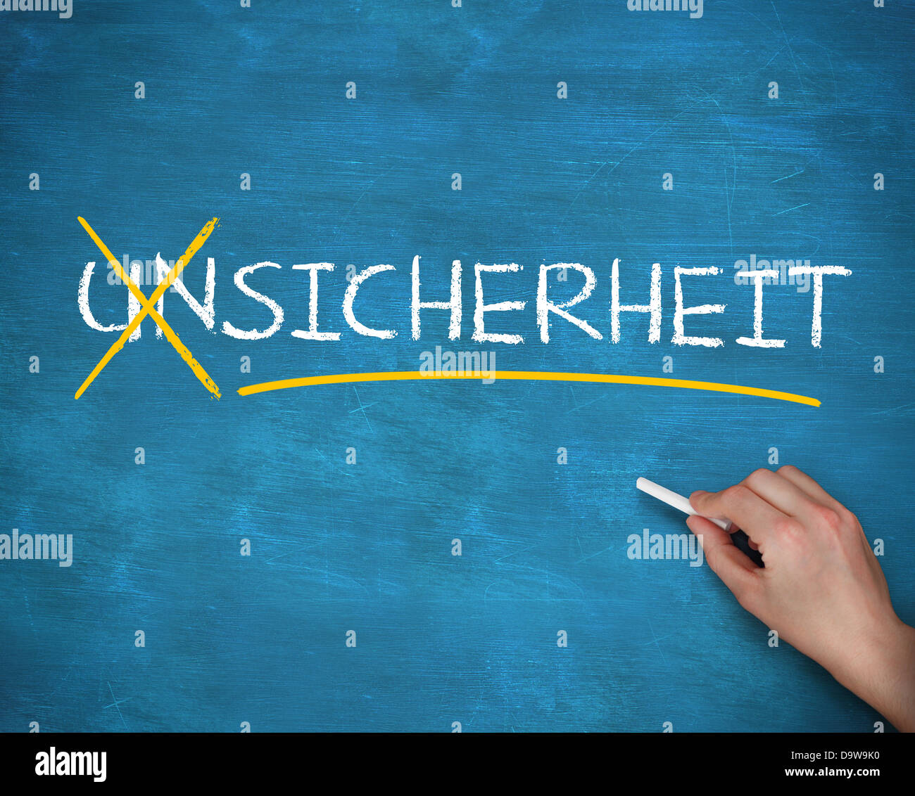 Hand crossing out german word unsicherheit Stock Photo