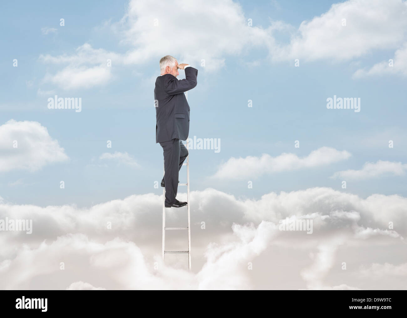 Businessman standing on a ladder over clouds Stock Photo - Alamy