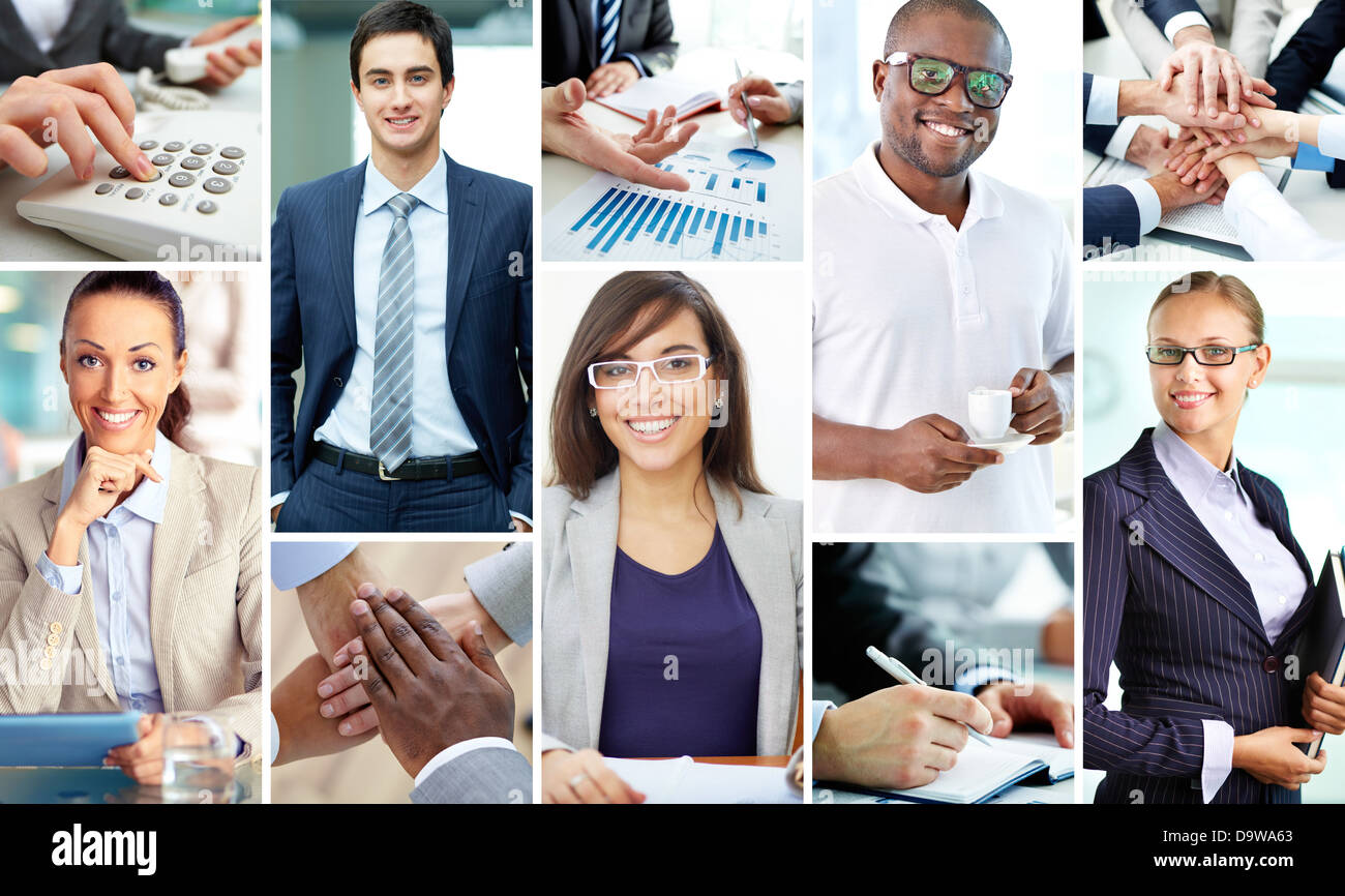 Collage of smart businesspeople at work and hands of companions Stock ...