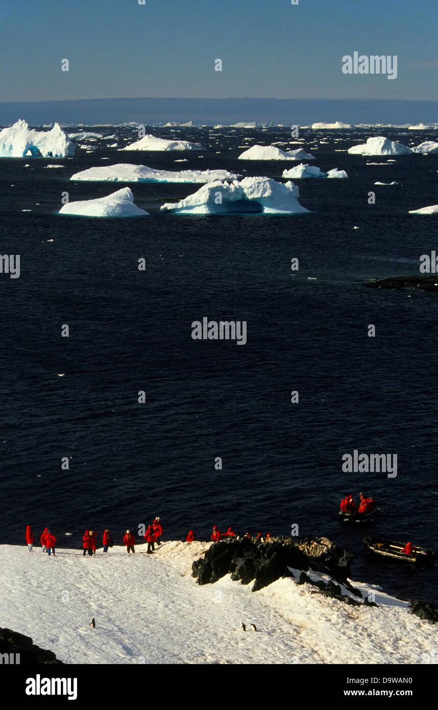 Antarctic Peninsula Area, Detaille Island, Tourists Landing With Zodiac (Rubberboat), Adelie Peng. Stock Photo
