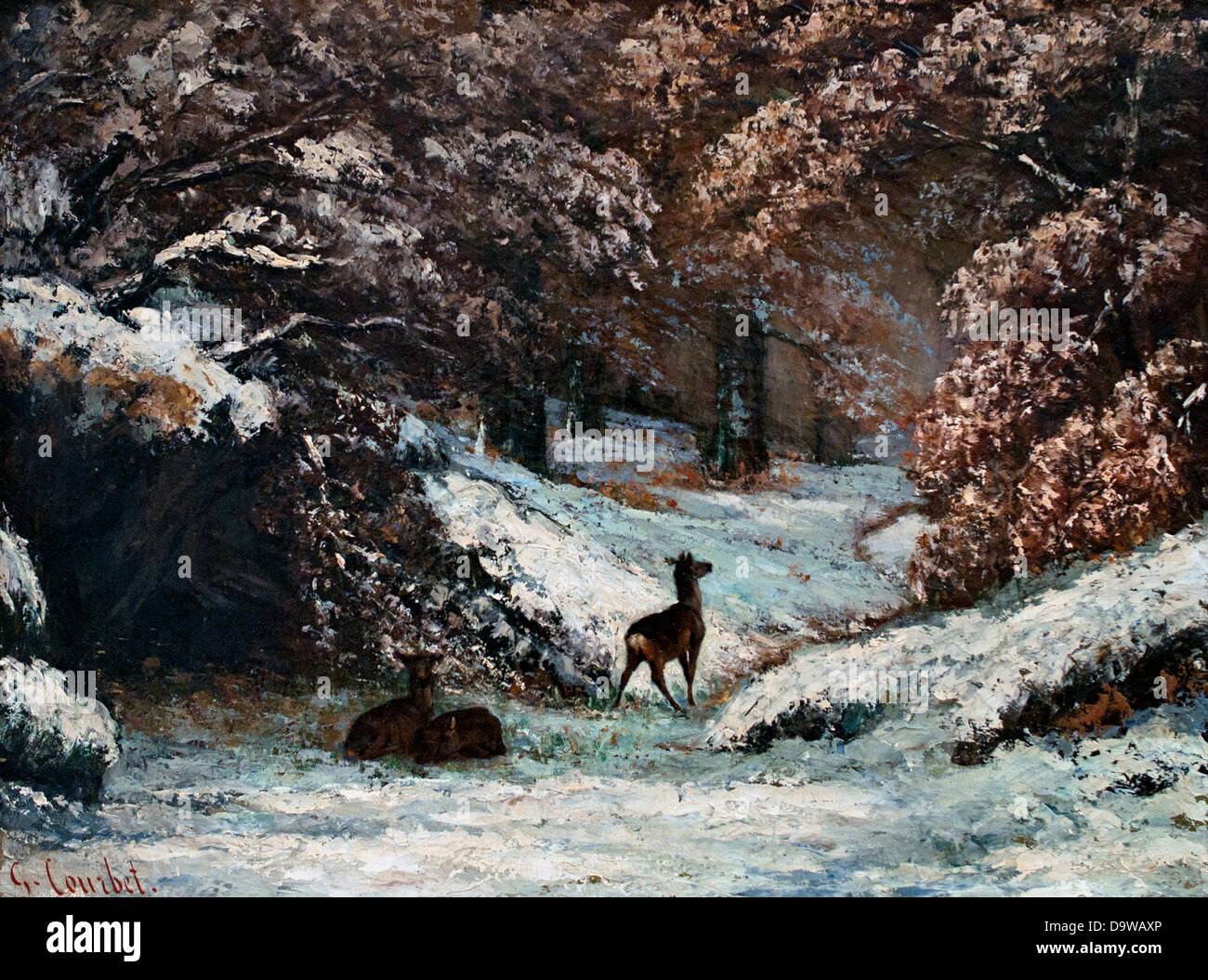 1866 Kunstkarte Gustave Courbet Winterlandschaft Winter Schnee Rehe 