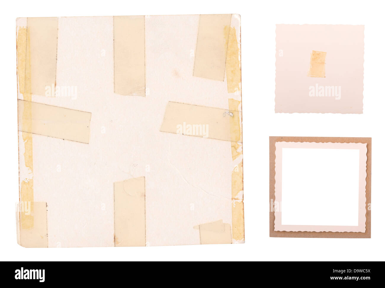 Collection of old photo frames, edges and backings with sticky tape isolated on white Stock Photo