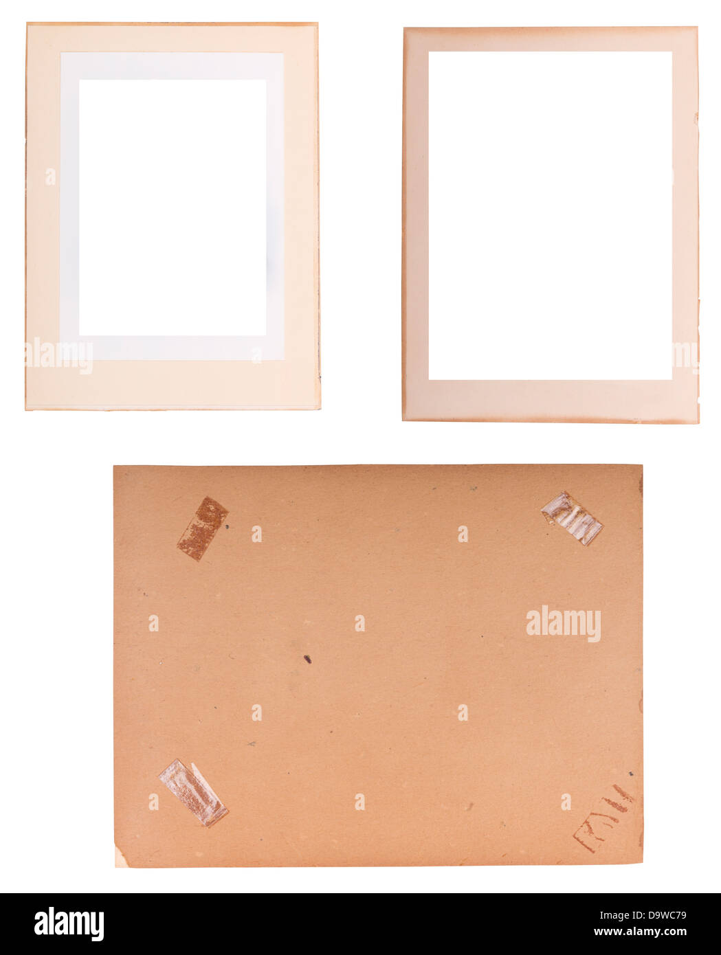 Collection of old photo frames, edges and backings with sticky tape isolated on white Stock Photo