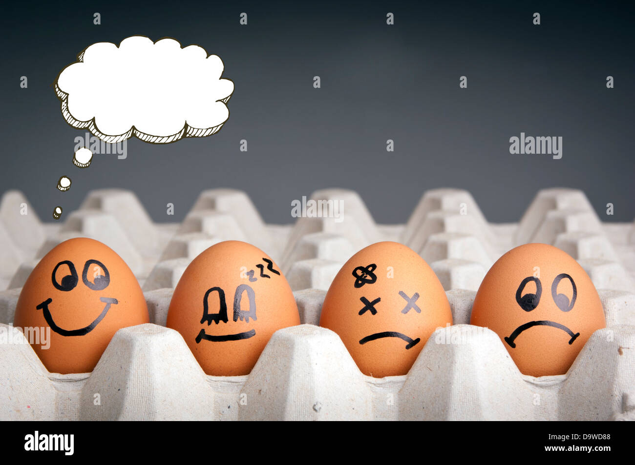 Mental health concept in playful style with egg characters displaying different emotions and blank speech bubbles Stock Photo