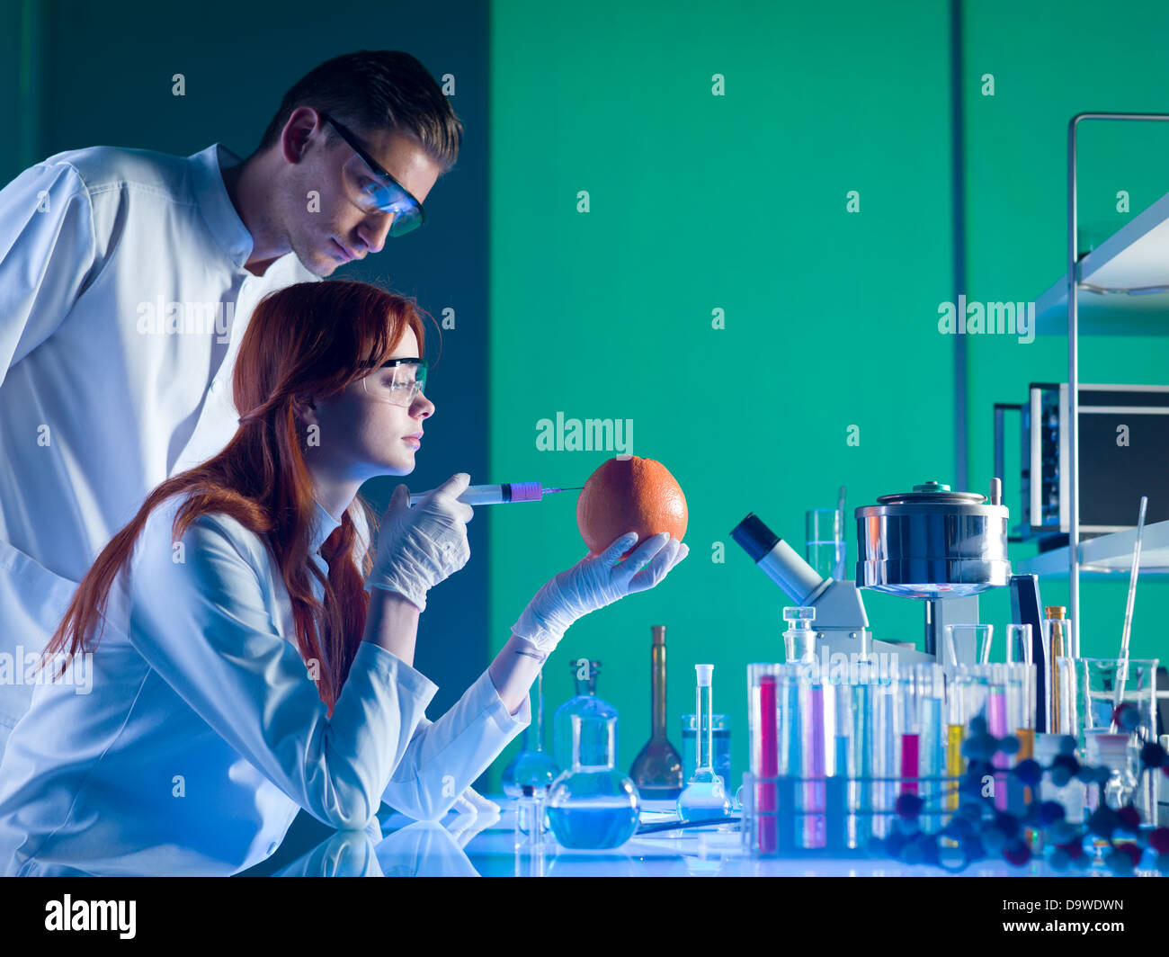 two scientists conducting an experiment on a grapefruit in a laboratory Stock Photo
