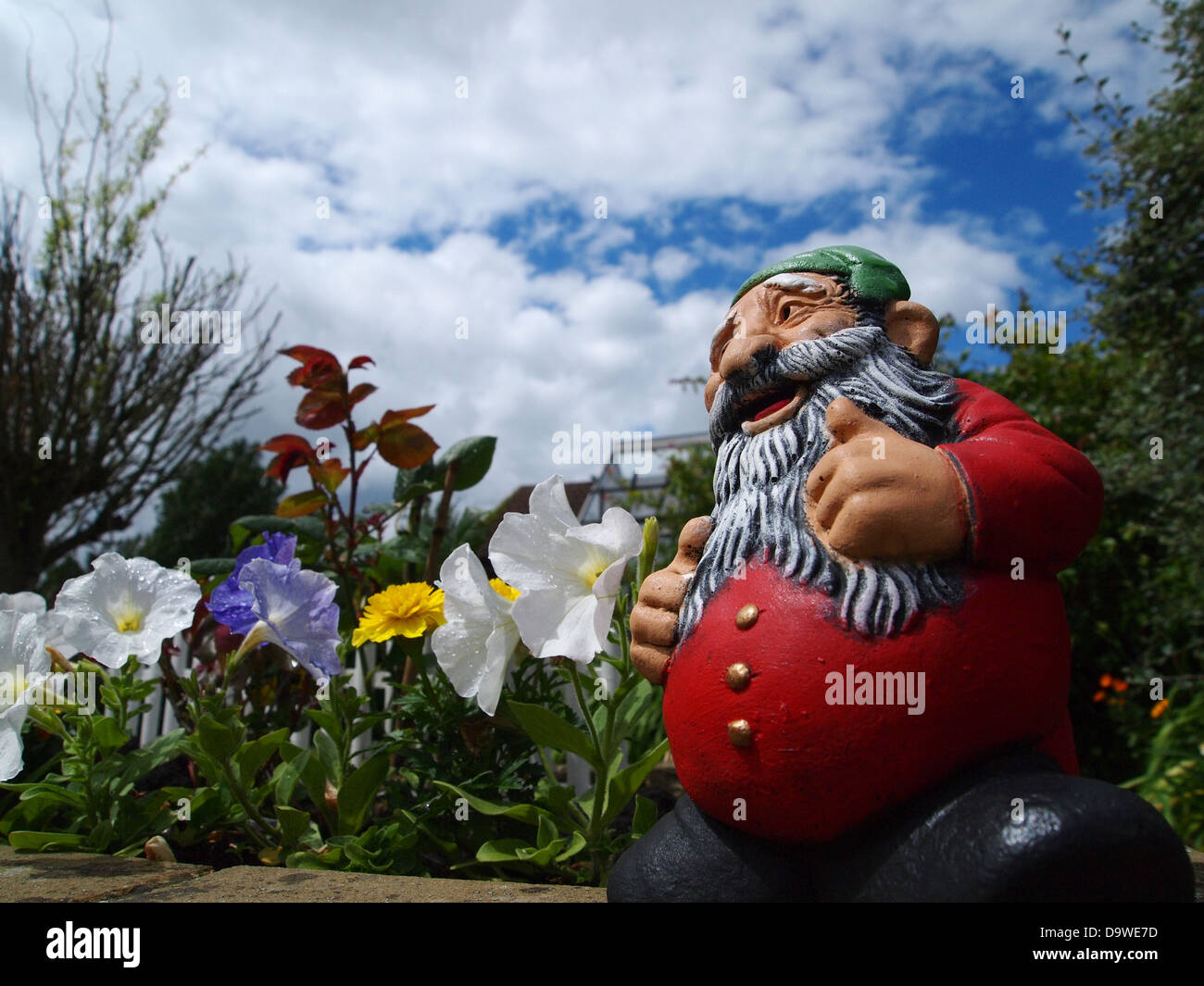 close-up of garden gnome in English back garden Stock Photo