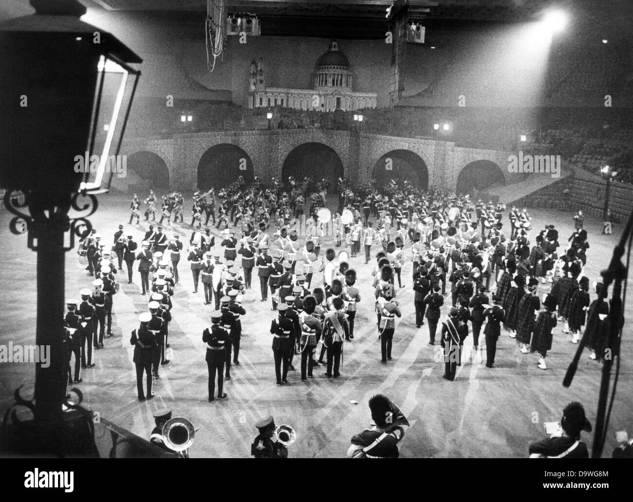 More than 700 military musicians play at a rehearsal for the final of the military show British Berlin Tattoo on the 4th of November in 1975 in the Deutschlandhalle in Berlin. Nine performances of the popular show are plannend from the 5th to the 9th of November. Stock Photo