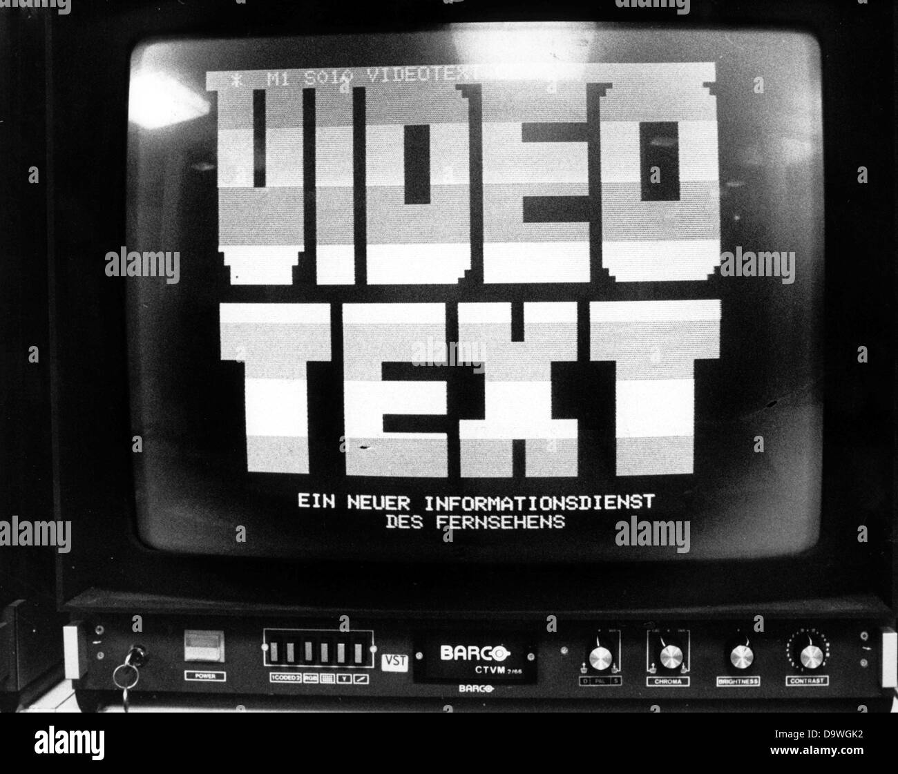 The opening frame of the information service 'Teletext' which is offered by television.  Picture from the 24th of August in 1979. Stock Photo