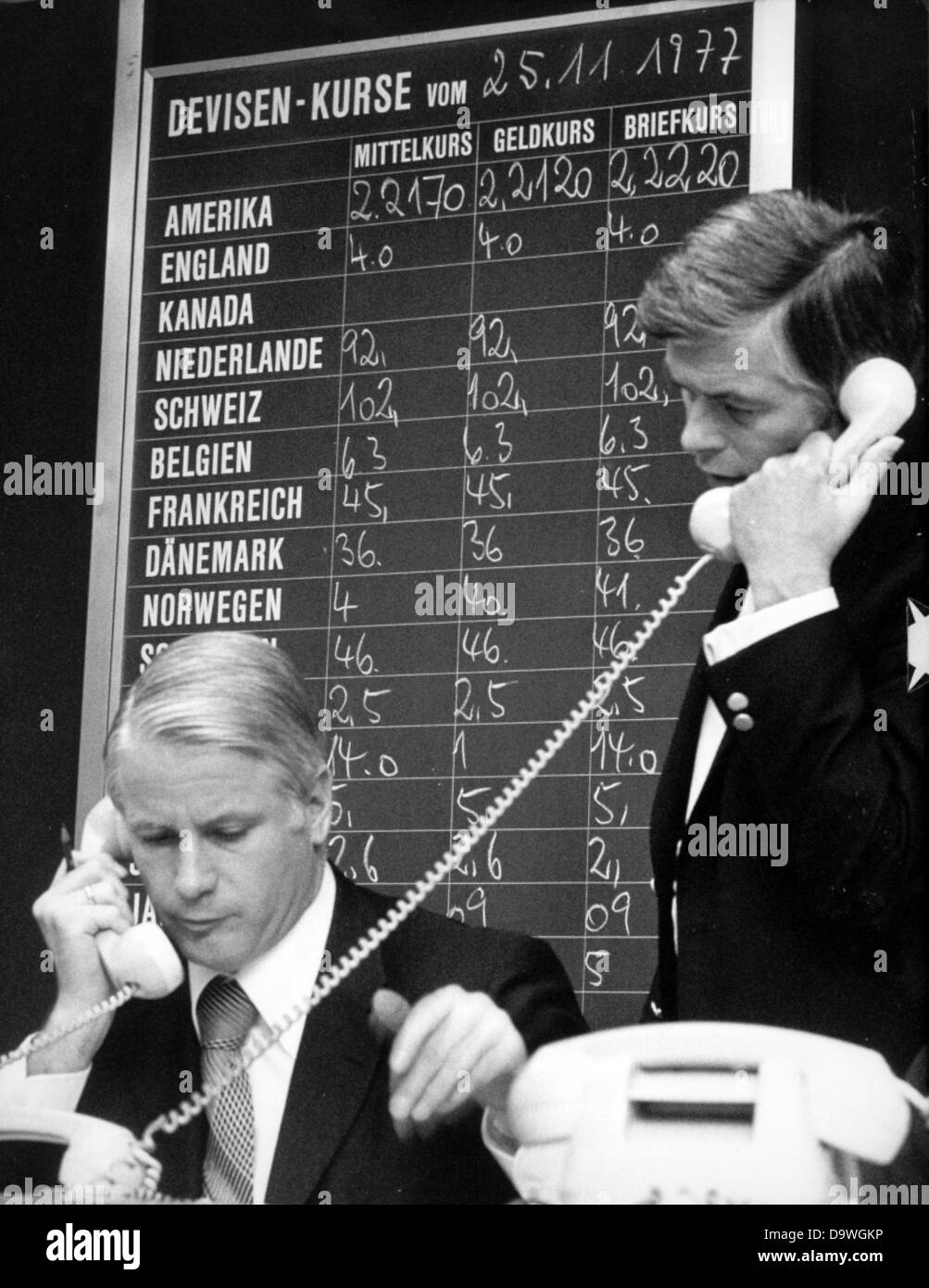The exchange rates at the stock market of Frankfurt on the 25th of November in 1977. Stock Photo