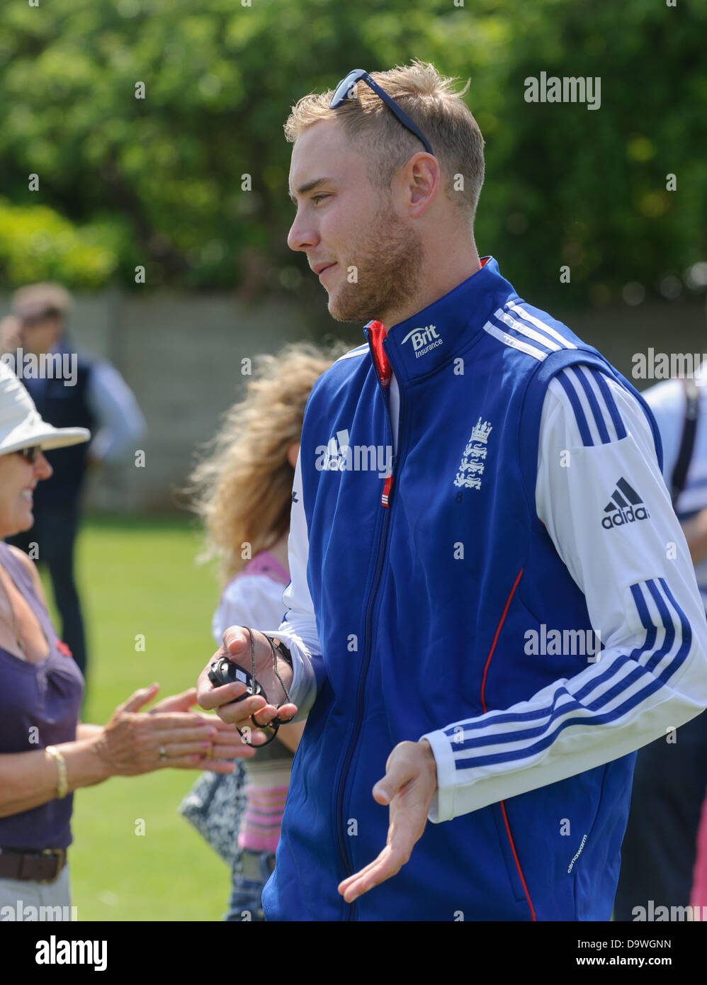 Brook Priory School, Oakham. Ex-Pupil and England cricketer Stuart Broad  returned to his old school for their Sports Day. He signed autographs and spent time chatting to some of his old teachers before helping to time runners in some of the races. 26th June 2013. Stock Photo