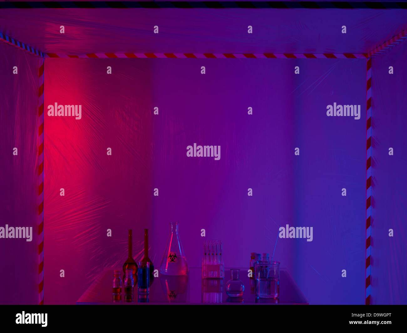 different glass containers filled with differently colored liquids on a