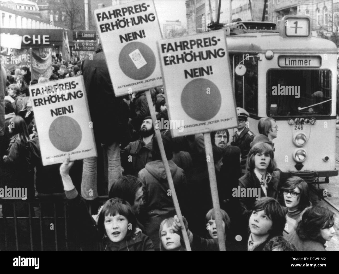 About 4,000 mainly young demonstrators protest against a fare increase in the local traffic on the 1st of April in 1970. Stock Photo
