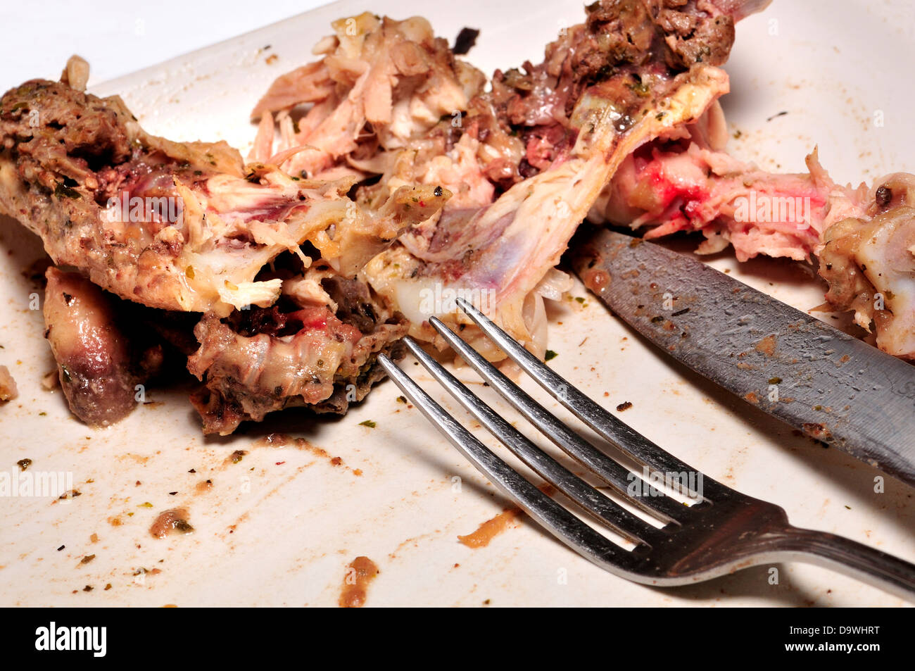Left-over bone after a meal / knife and fork Stock Photo