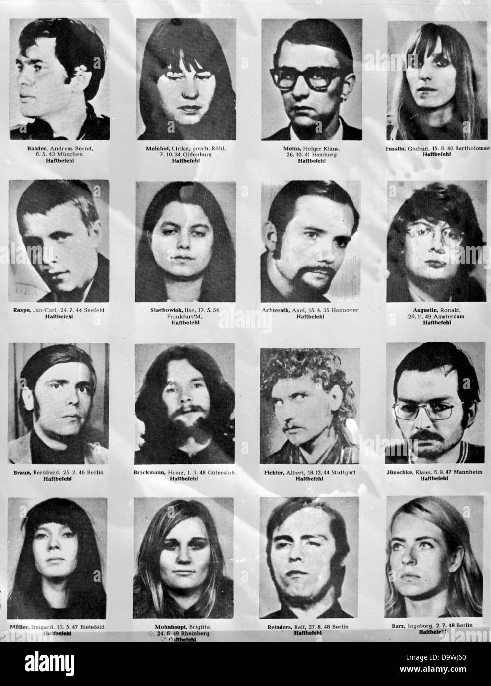 The picture shows the terrorists which are searched for by warrants (upper row, l-r) Andreas Baader, Ulrike Meinhof, Holger Meins, Gudrun Ensslin; (second row, l-r): Jan-Carl Raspe, Ilse Stachowiak, Axel Achterath, Ronald Augustin; (third row, l-r): Bernhard Braun, Heinz Brockmann, Albert Fichter, Klaus Jünschke; (last row, l-r): Irmgard Möller, Brigitte Mohnhaupt, Ralf Reinders, Ingeborg Barz. Stock Photo