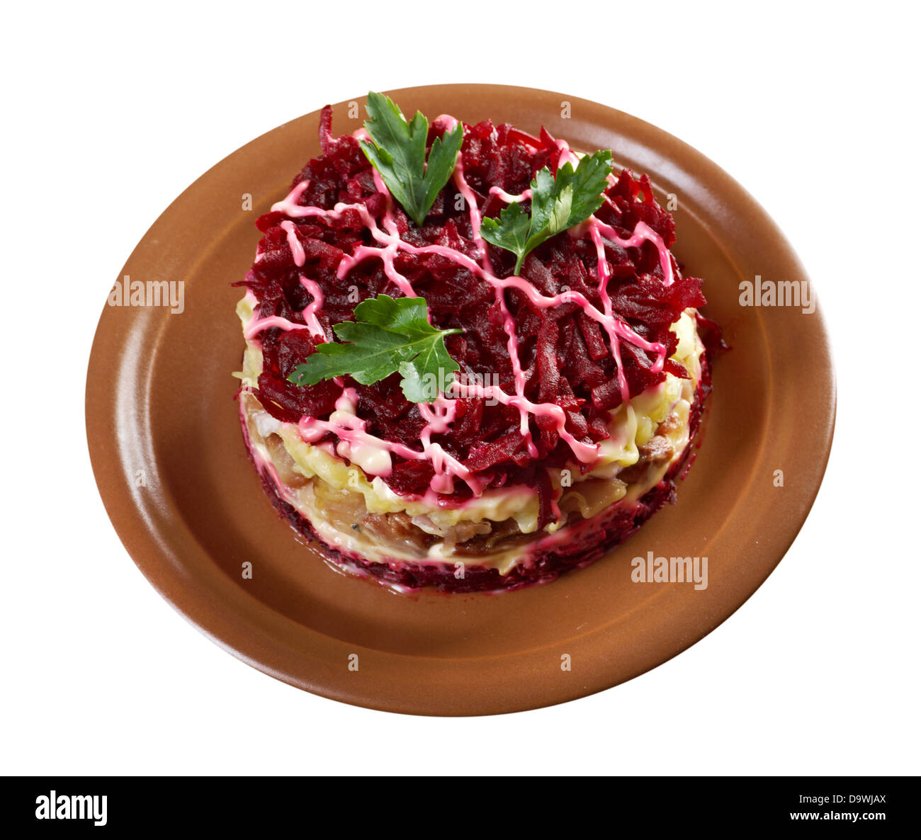 traditional russian salad with salted herring and beet -Selyodka Pod Shuboy (Dressed Herring)  Stock Photo
