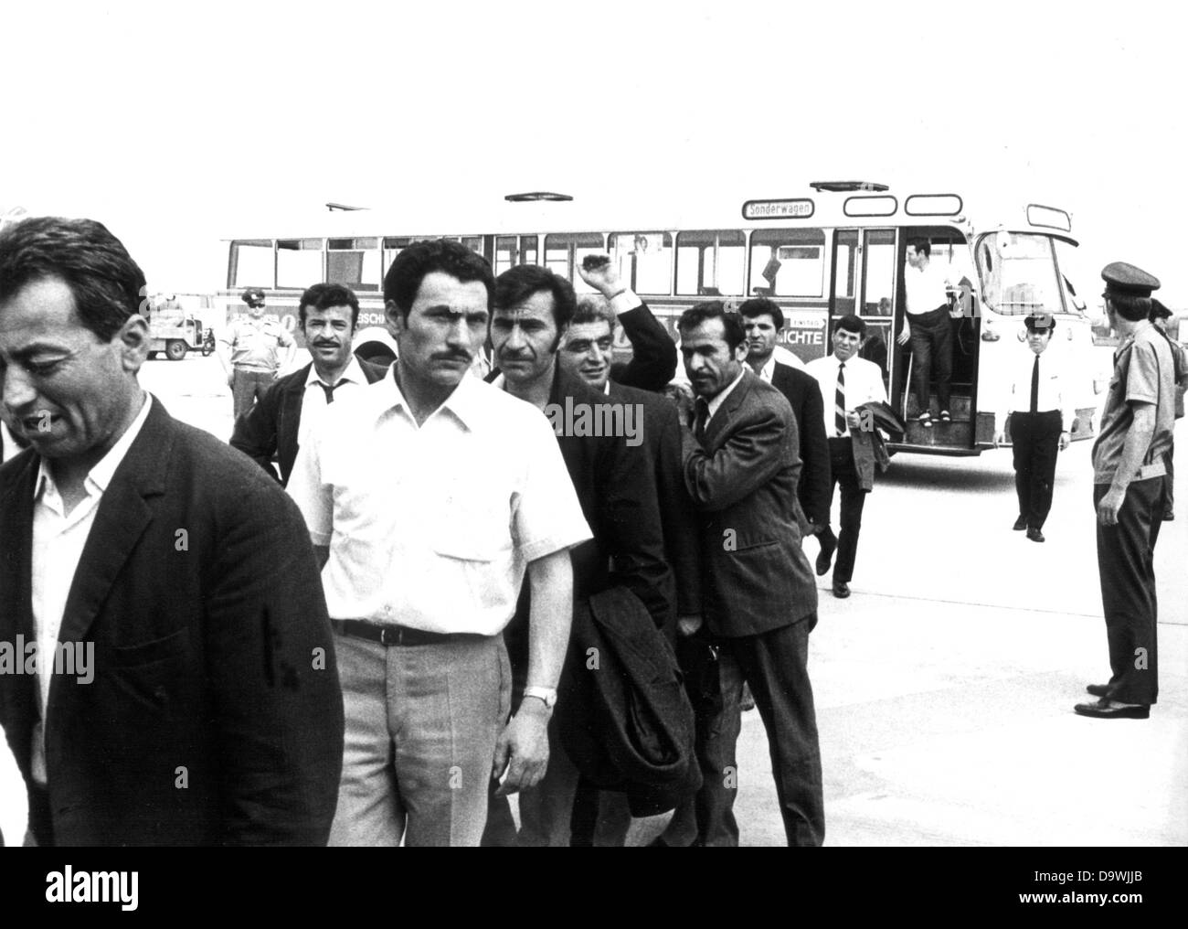 Seventy-six Turkish guest workers, who were arrested during a razzia in Duisburg on the 30th of July in 1970, are taken back to their home country on the 2nd of August in 1970. The Turkish guest workers had been immigrated illegally and did not have a working permission. Stock Photo