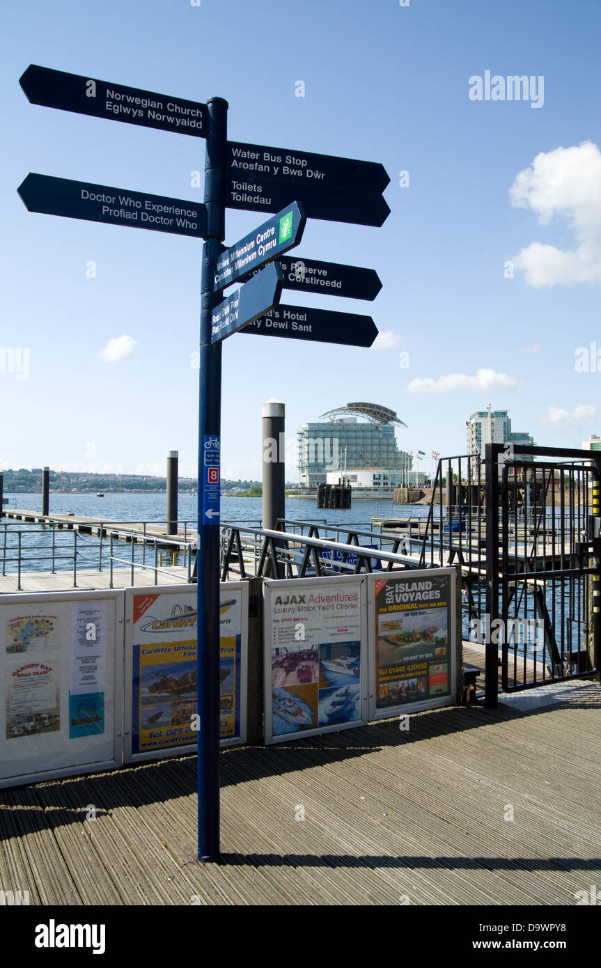 signpost mermaid quay, cardiff bay, south wales. Stock Photo