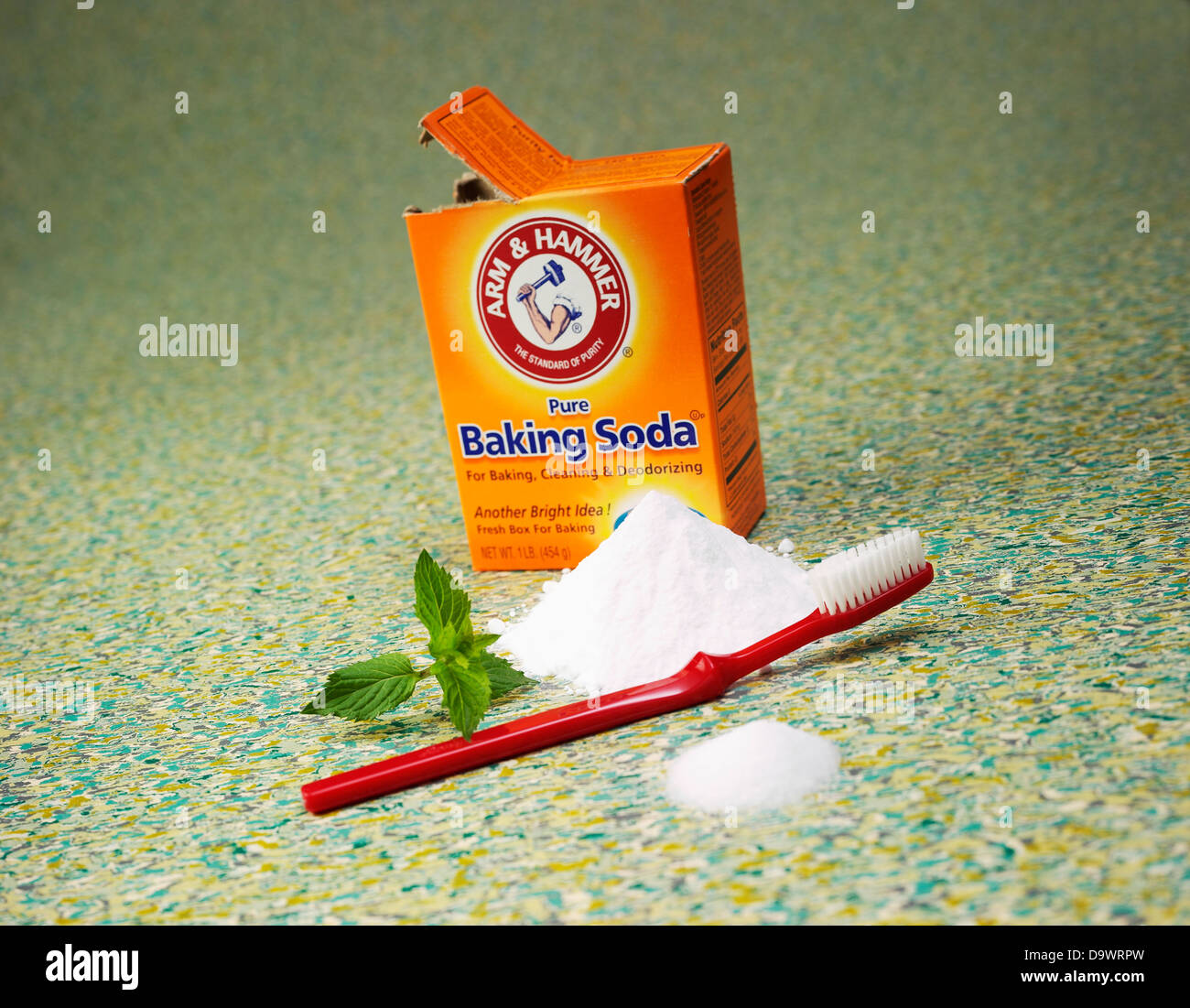 baking soda  and toothbrush Stock Photo