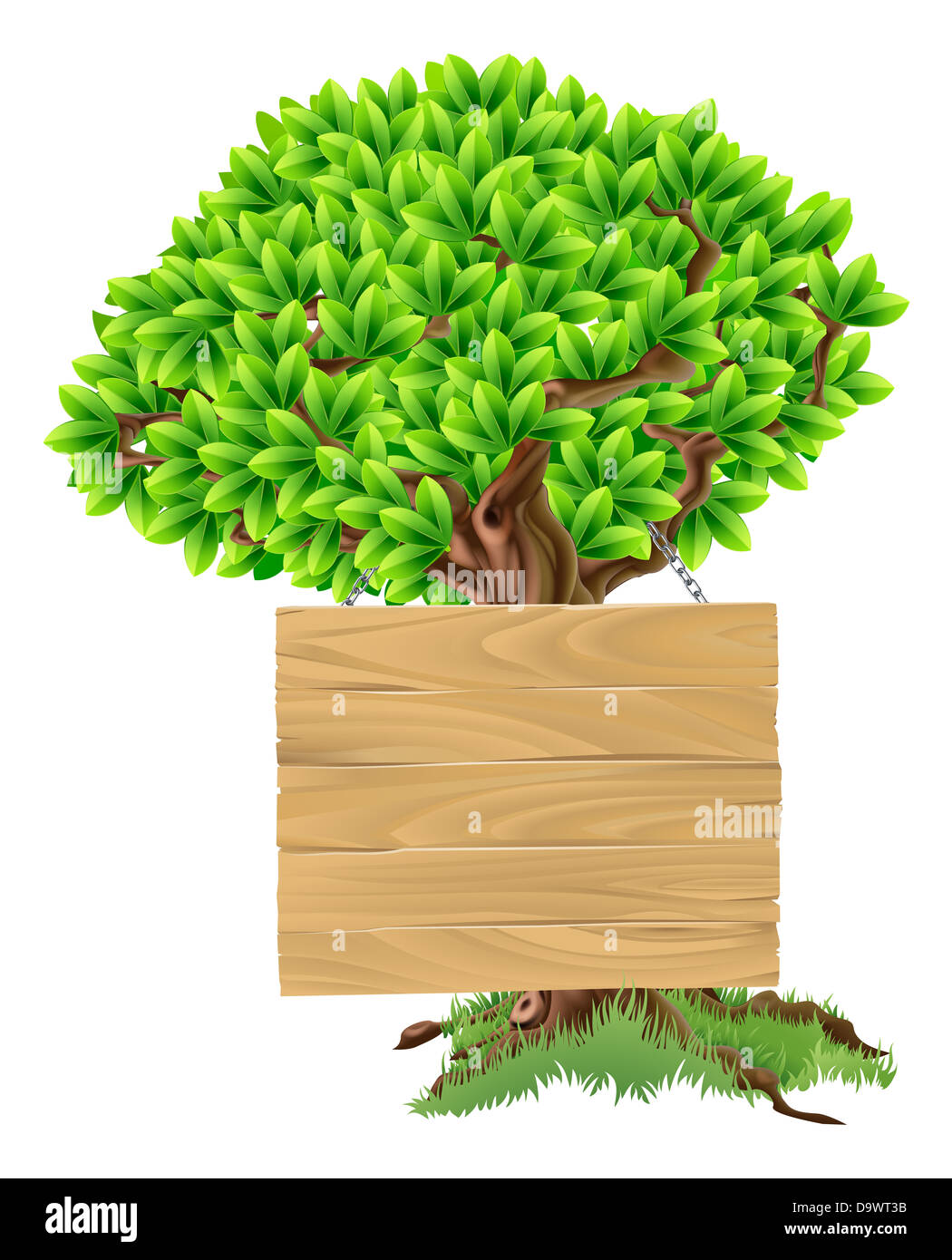 Illustration of a bright green tree with a wooden sign suspended from it Stock Photo