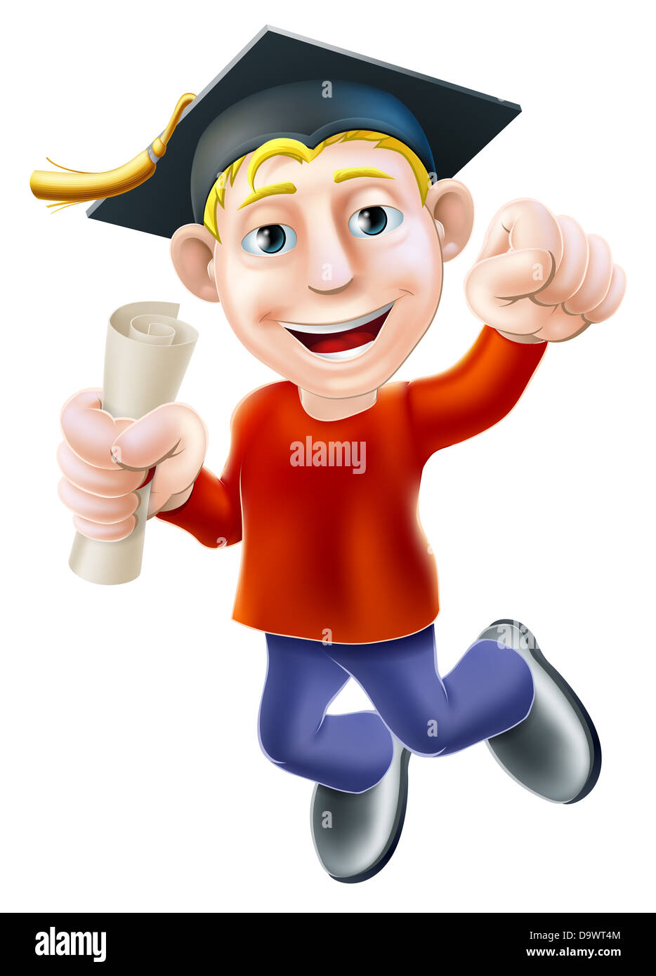 Cartoon man with certificate, qualification, scroll jumping for joy with fist clenched. Education concept, passing exam Stock Photo