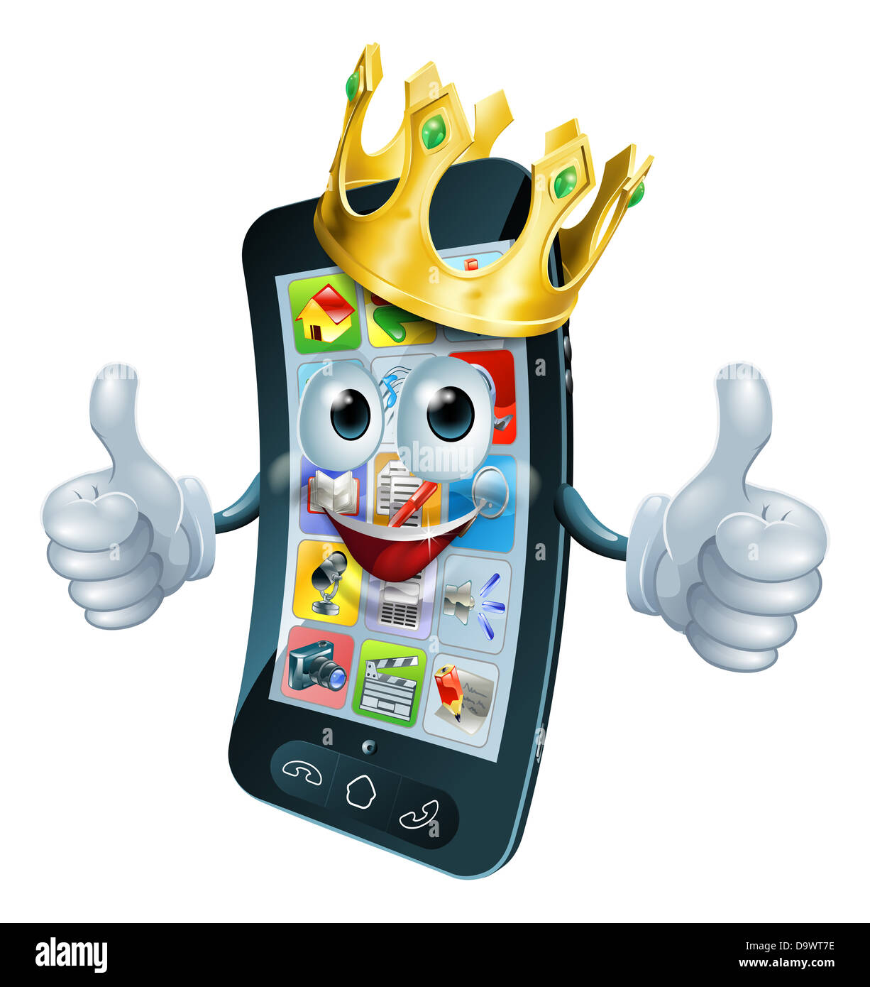 A cute happy cartoon phone man king with thumbs up and gold crown on his head Stock Photo