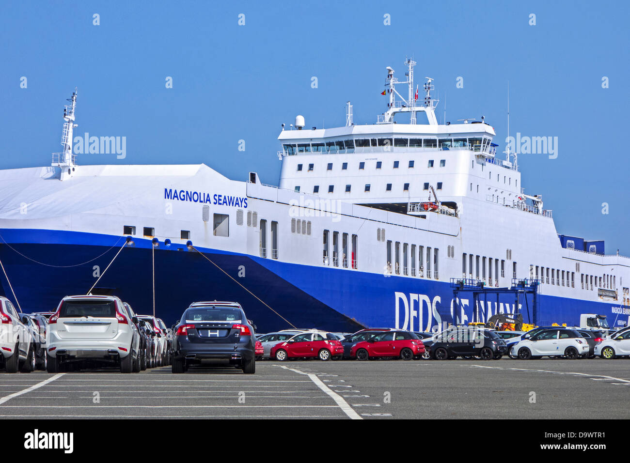 Cars from the Volvo Cars assembly plant waiting to be loaded on the roll-on/roll-off / roro ship at the Ghent seaport, Belgium Stock Photo