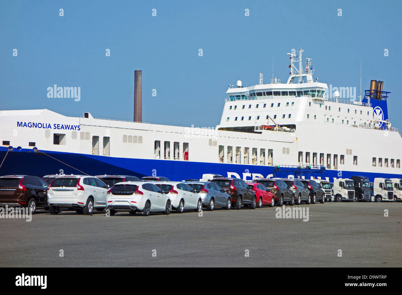 Cars from the Volvo Cars assembly plant waiting to be loaded on the roll-on/roll-off / roro ship at the Ghent seaport, Belgium Stock Photo