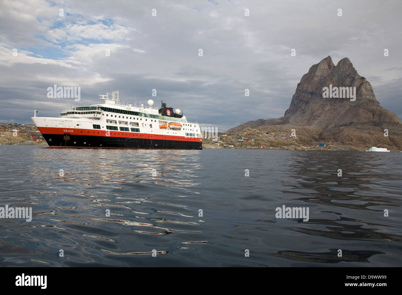 MS FRAM anchored at Uummannaq, Greenland Stock Photo