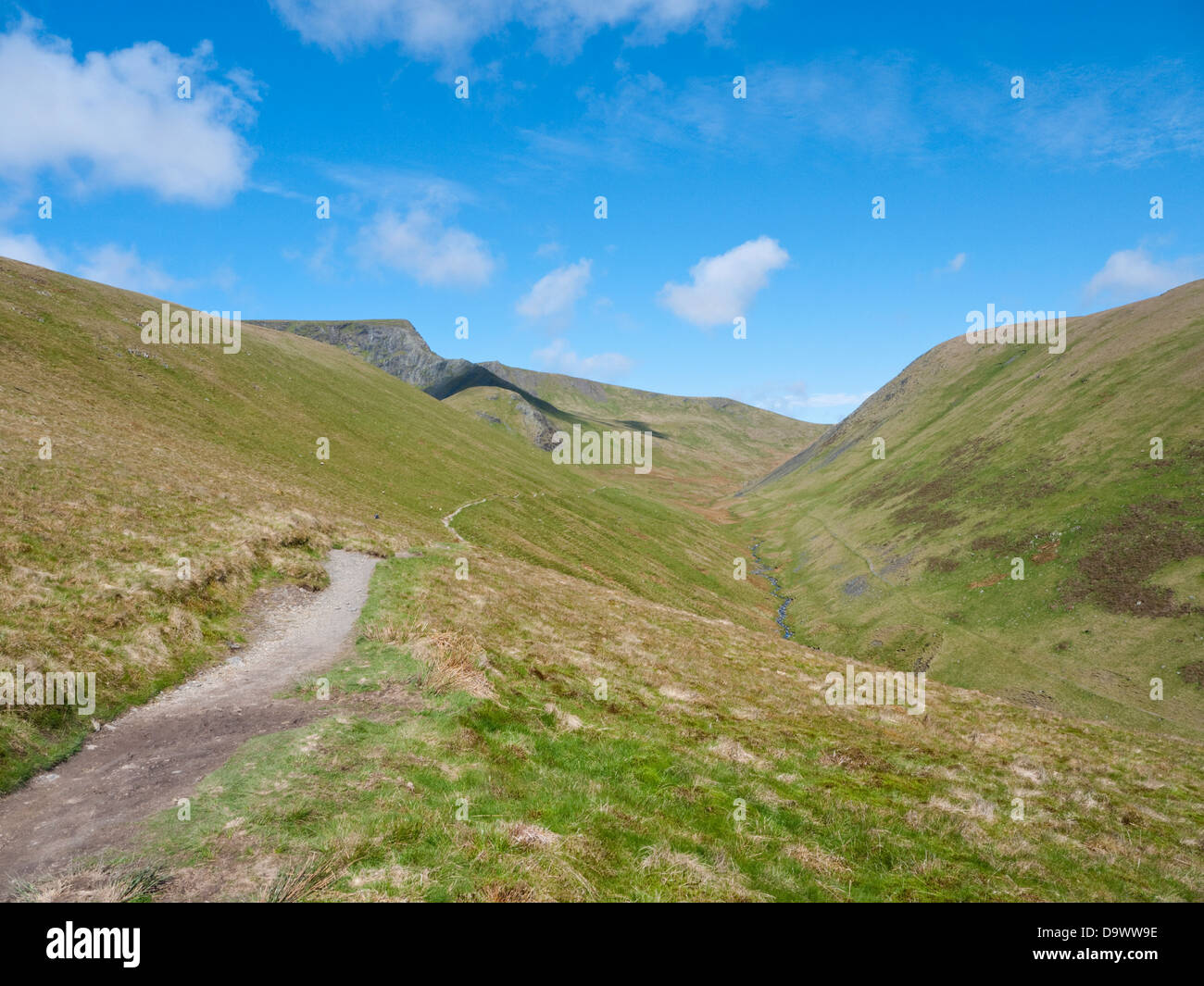 View along the River Glenderamackin valley to the rocky upthrusts of Sharp Edge & Foule Crag on Blencathra, a Lake District fell Stock Photo
