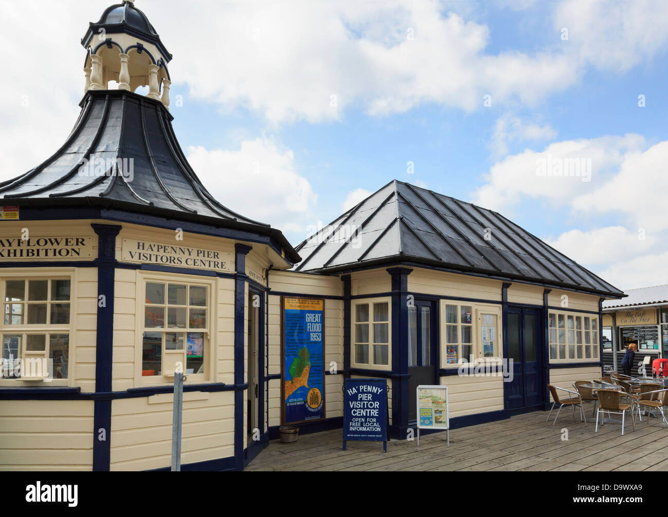 Victorian Ha'penny Pier visitors centre on the quay in east coast town of Harwich, Essex, England, UK, Britain, Stock Photo