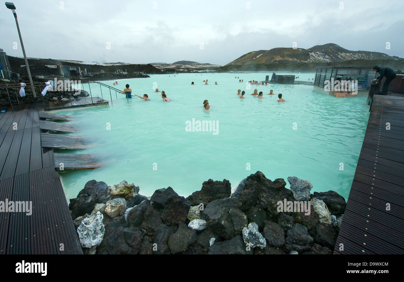 People bathing in the Blue Lagoon geothermal bath resort in Iceland Stock Photo