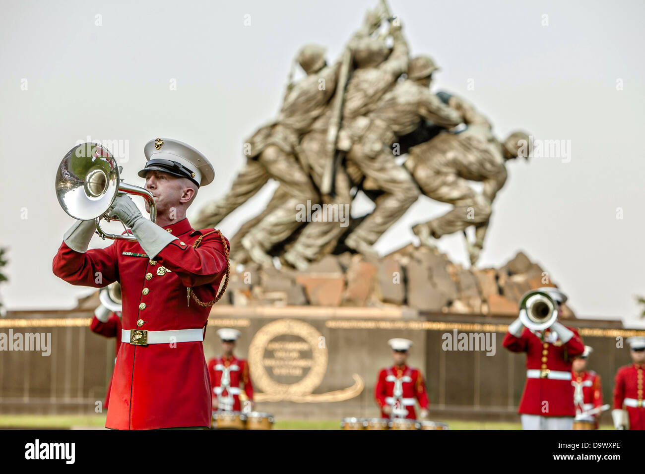US Marine Drum & Bugle Corps member performs during the Sunset Parade