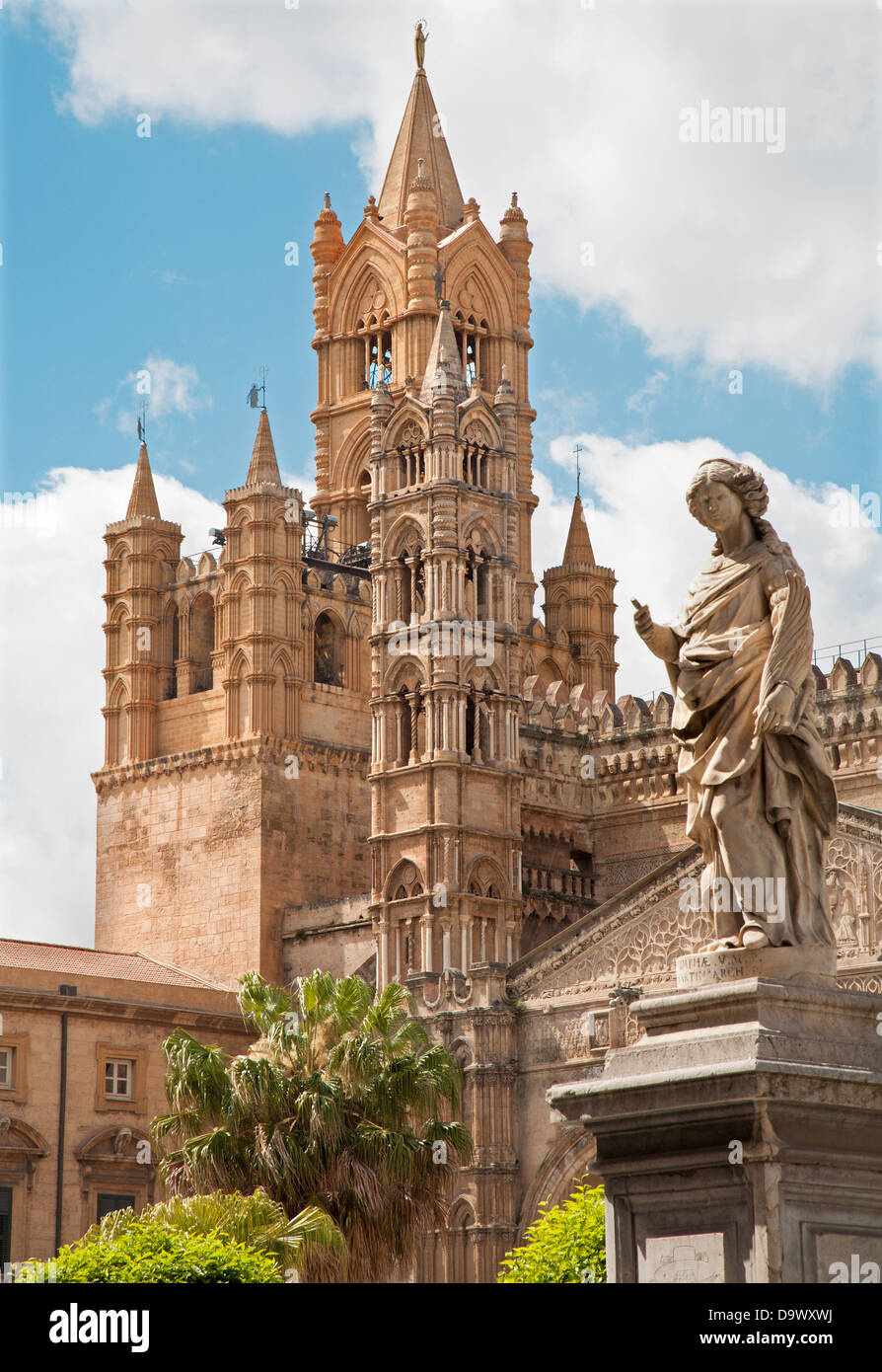 Palermo - Towers of Cathedral or Duomo and statue of Nymph Stock Photo