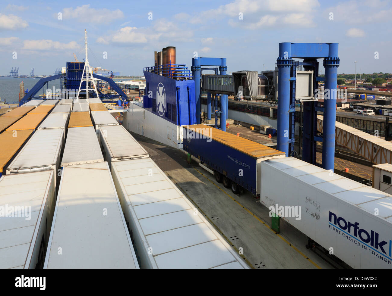 Container trucks on DFDS ferry Sirena Seaways for Denmark docked at Parkeston Quay Harwich International Port Essex England UK Stock Photo