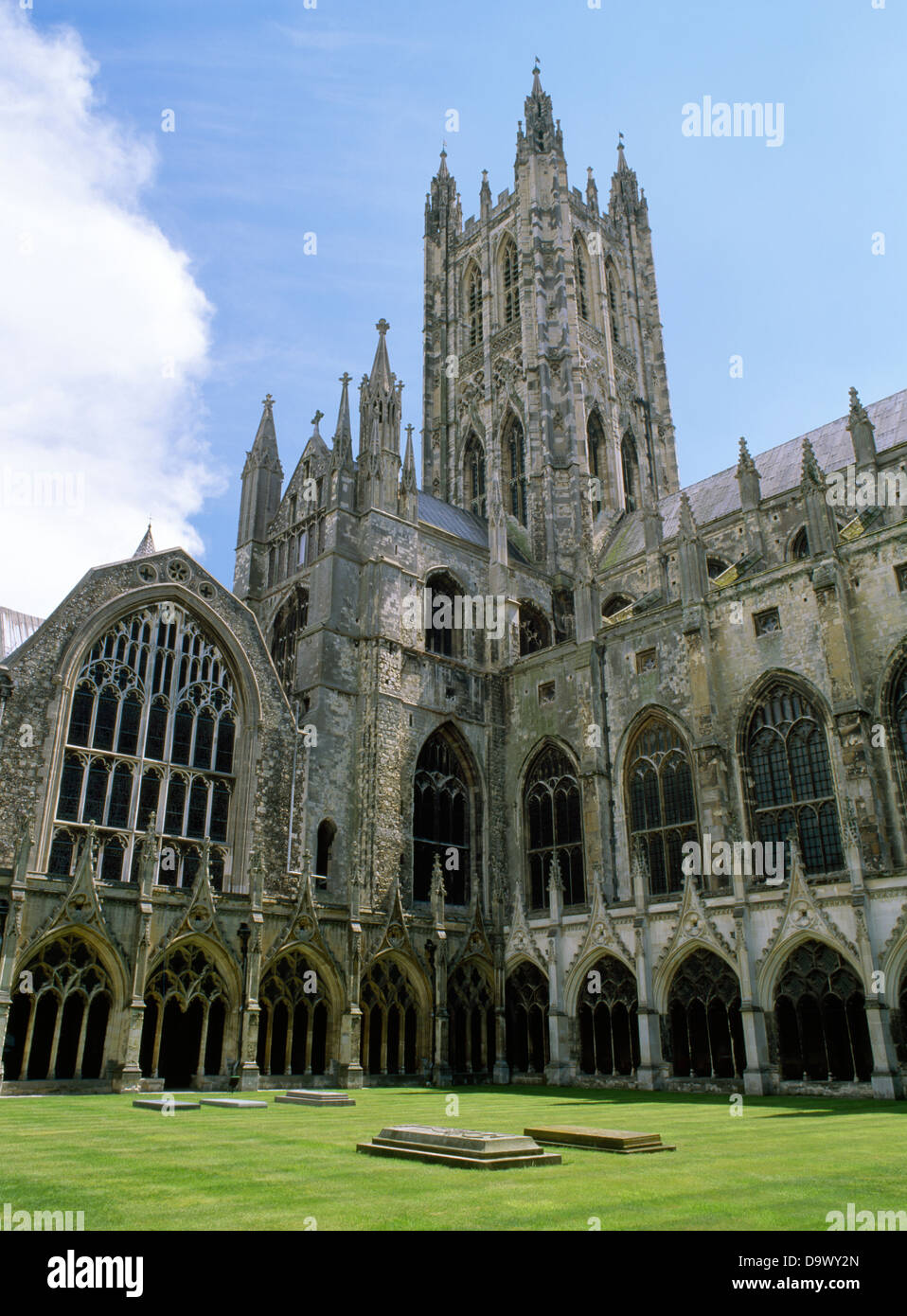 Bell Harry tower above the crossing, and the cloister garth, Canterbury Cathedral, Kent, England Stock Photo